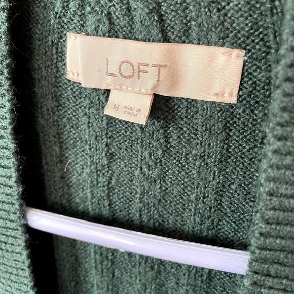 LOFT Womens M Hunter Green Open Front Stretchy Duster Cardigan Ribbed Preppy - Picture 2 of 7